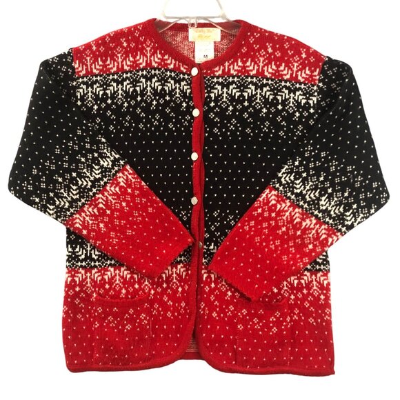 Tally-Ho Sweater Womens M Fair Isle Red Black Nordic Cardigan Sweater Christmas - Picture 1 of 8